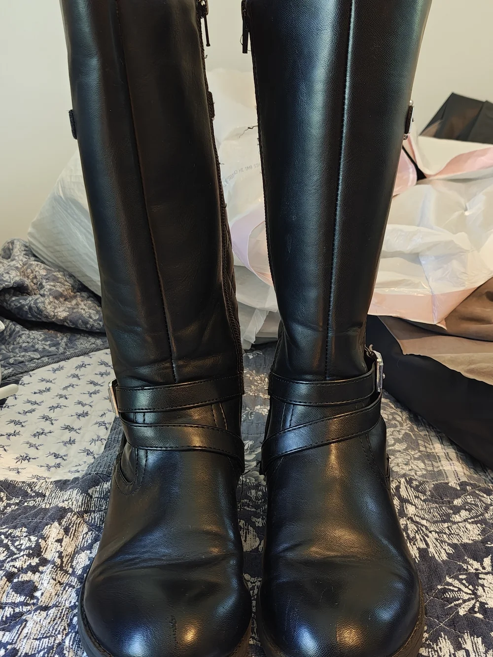 Girl's Black Quilted Tall Boots with Buckle Detail